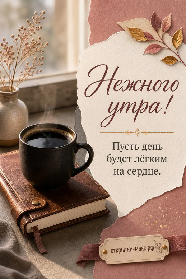 Букет сиреневых и кремовых роз с веточками лаванды на льняной ткани, надпись «Нежного утра!» — вариант 4