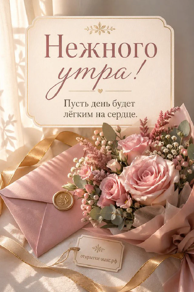 Букет сиреневых и кремовых роз с веточками лаванды на льняной ткани, надпись «Нежного утра!» — вариант 6