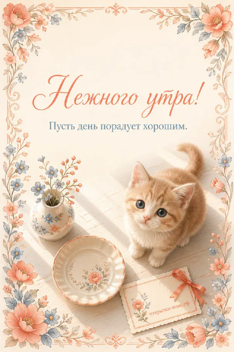 Маленький рыжий котёнок у тарелочки и вазы с цветами в нежной цветочной рамке