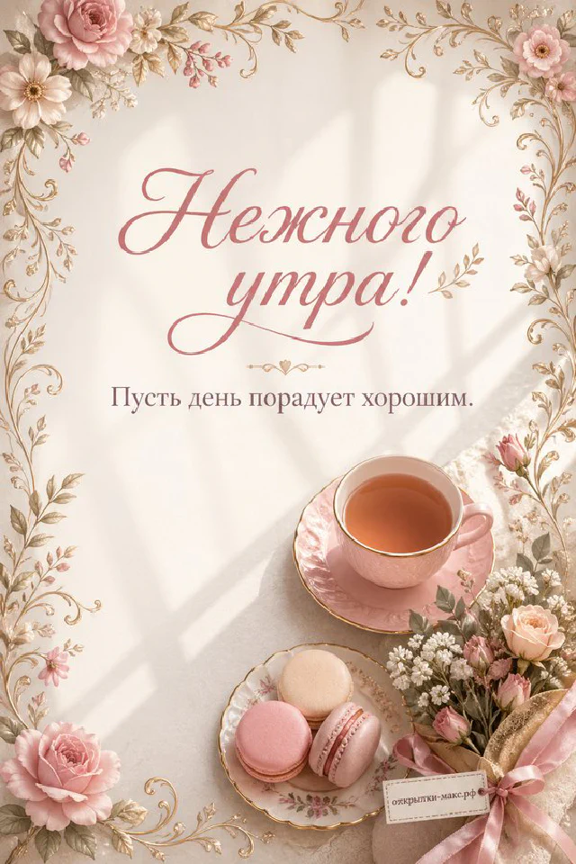 Маленький рыжий котёнок у тарелочки и вазы с цветами в нежной цветочной рамке — вариант 4