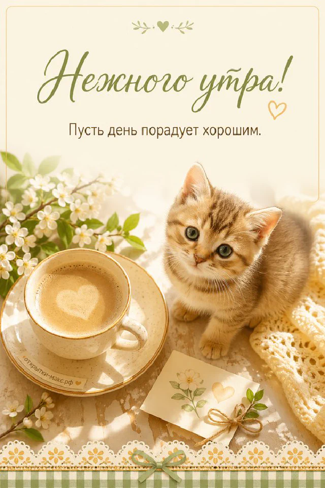 Маленький рыжий котёнок у тарелочки и вазы с цветами в нежной цветочной рамке — вариант 6