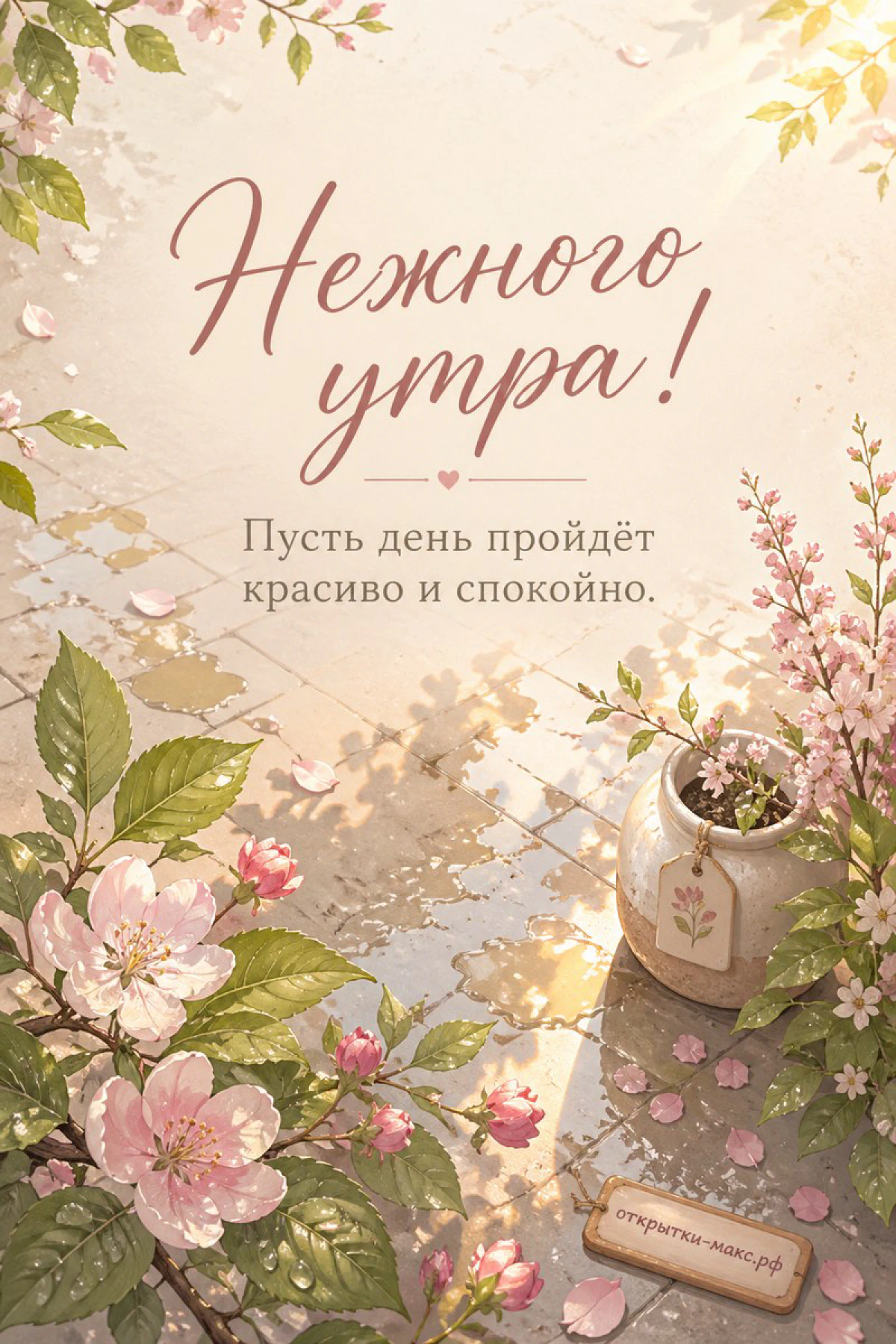 Ветви цветущей сакуры с горшочком и лепестками на светлом фоне с надписью Нежного утра
