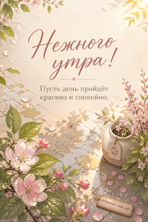 Ветви цветущей сакуры с горшочком и лепестками на светлом фоне с надписью Нежного утра