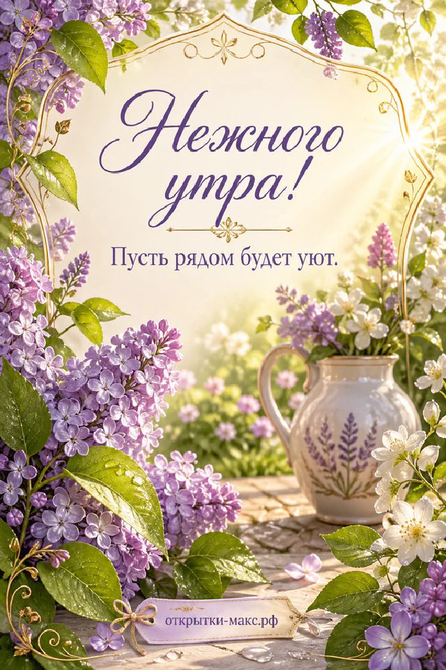 Акварельная открытка «Нежного утра» с открытым окном в сад, ветками сирени и печеньем на блюдце — вариант 5