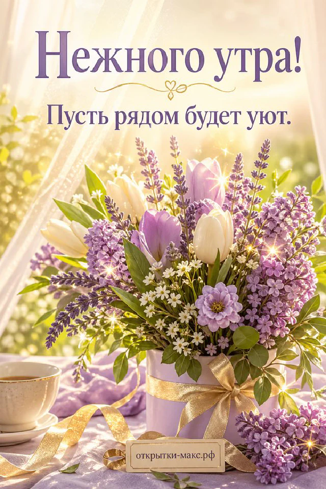 Акварельная открытка «Нежного утра» с открытым окном в сад, ветками сирени и печеньем на блюдце — вариант 7