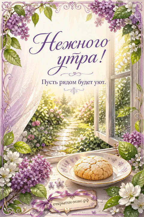 Акварельная открытка «Нежного утра» с открытым окном в сад, ветками сирени и печеньем на блюдце