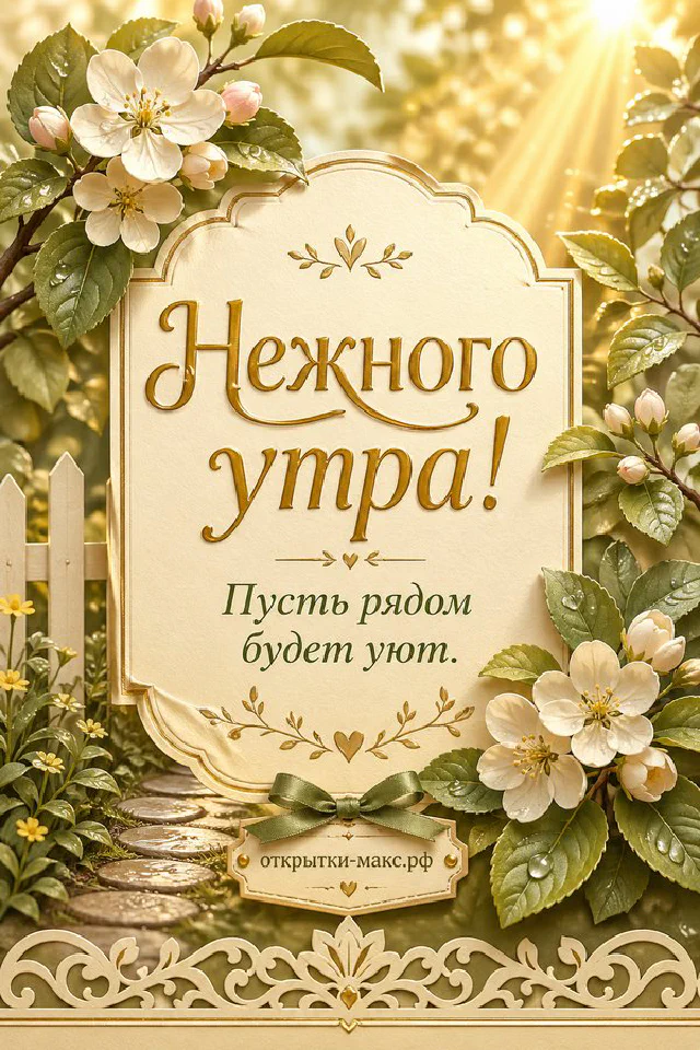 Акварельная открытка «Нежного утра» с открытым окном в сад, ветками сирени и печеньем на блюдце — вариант 3