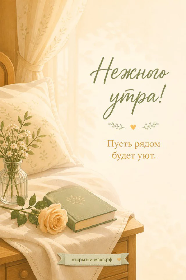 Акварельная открытка «Нежного утра» с открытым окном в сад, ветками сирени и печеньем на блюдце — вариант 6