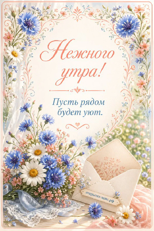 Акварельная открытка «Нежного утра» с открытым окном в сад, ветками сирени и печеньем на блюдце — вариант 8