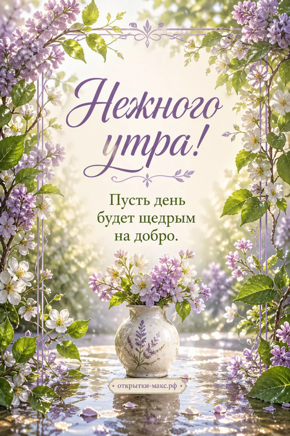 Открытка с фарфоровой вазой сирени в цветущем саду, весенний фон и надпись Нежного утра