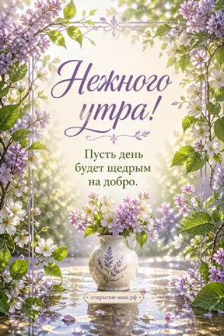 Открытка с фарфоровой вазой сирени в цветущем саду, весенний фон и надпись Нежного утра