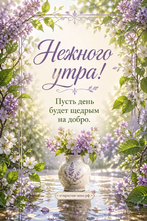 Открытка с фарфоровой вазой сирени в цветущем саду, весенний фон и надпись Нежного утра
