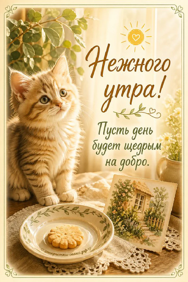 Открытка с фарфоровой вазой сирени в цветущем саду, весенний фон и надпись Нежного утра — вариант 2