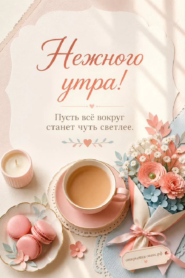 Бумажный плакат «Нежного утра» с акварельным пионом, рядом белая свеча и рассветное небо с птицами — вариант 5