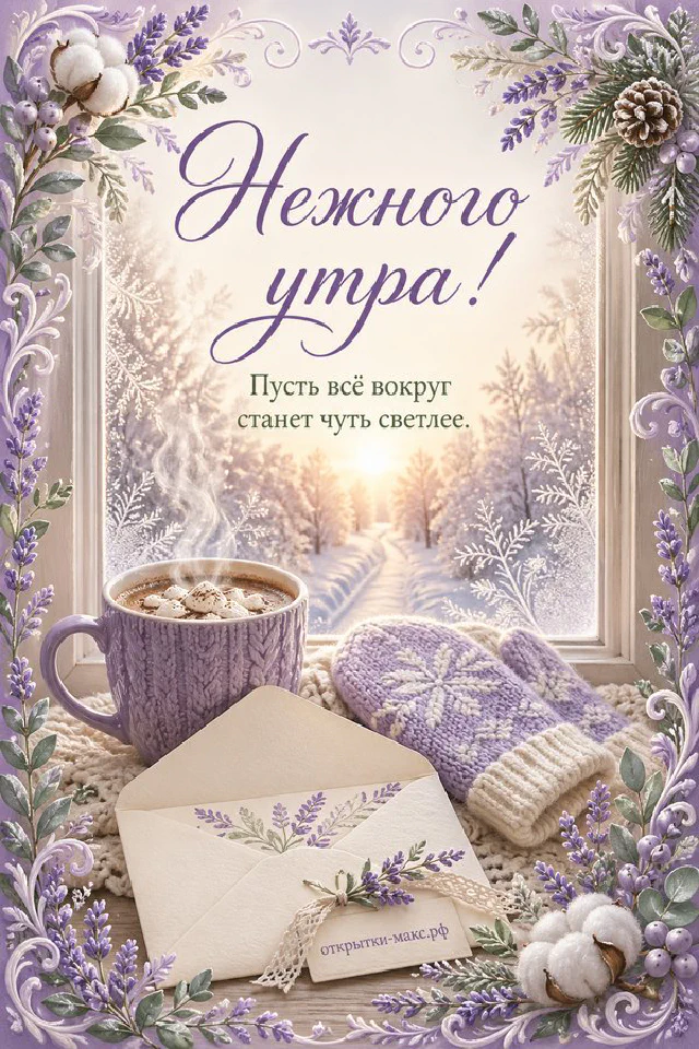 Бумажный плакат «Нежного утра» с акварельным пионом, рядом белая свеча и рассветное небо с птицами — вариант 6