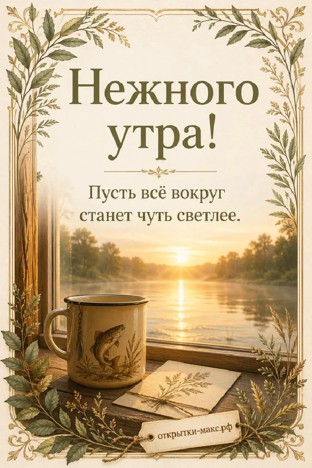 Бумажный плакат «Нежного утра» с акварельным пионом, рядом белая свеча и рассветное небо с птицами — вариант 7
