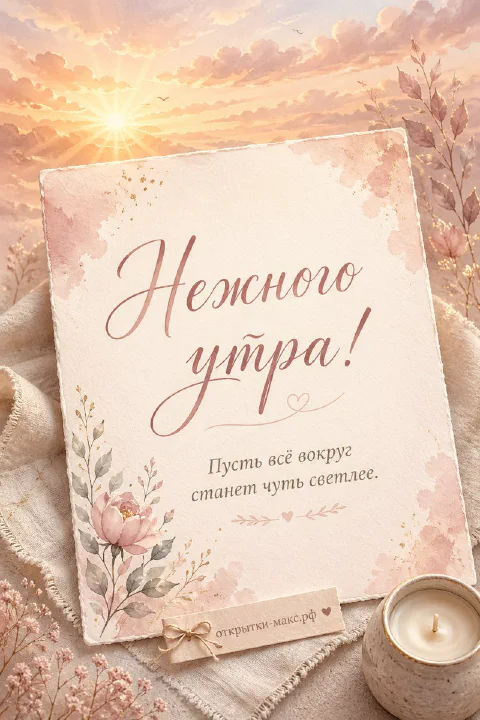 Бумажный плакат «Нежного утра» с акварельным пионом, рядом белая свеча и рассветное небо с птицами