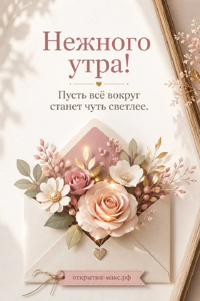 Бумажный плакат «Нежного утра» с акварельным пионом, рядом белая свеча и рассветное небо с птицами — вариант 3