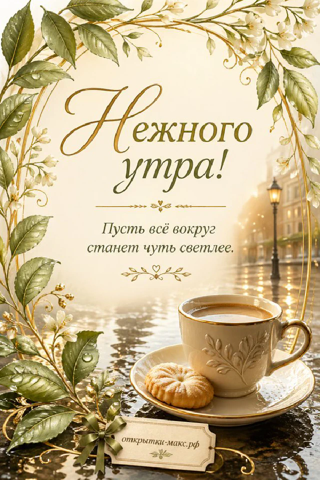 Бумажный плакат «Нежного утра» с акварельным пионом, рядом белая свеча и рассветное небо с птицами — вариант 4