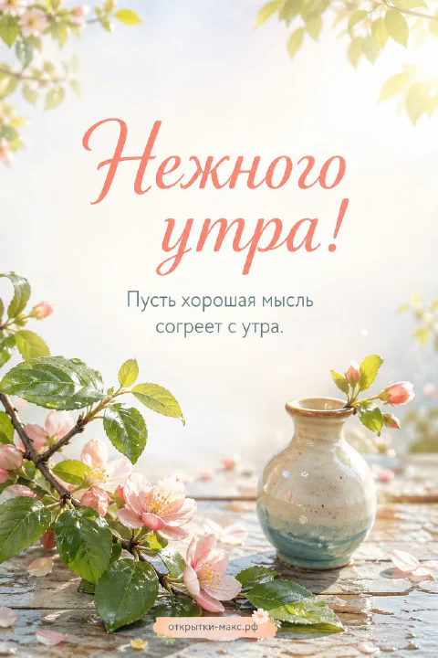 Открытка с цветущей веткой яблони и голубой керамической вазой на каменном столе в утреннем свете