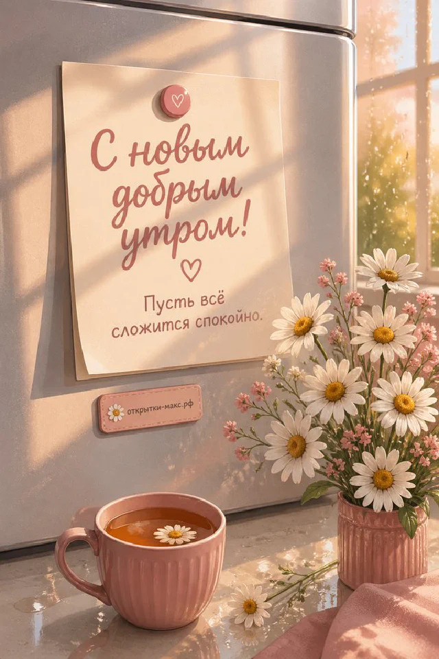 Открытка с чашкой чая, конвертом и веточкой эвкалипта, надпись «С новым добрым утром» — вариант 2