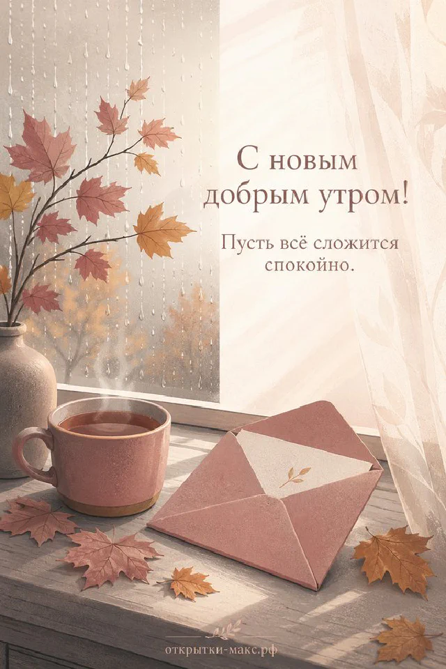Открытка с чашкой чая, конвертом и веточкой эвкалипта, надпись «С новым добрым утром» — вариант 5