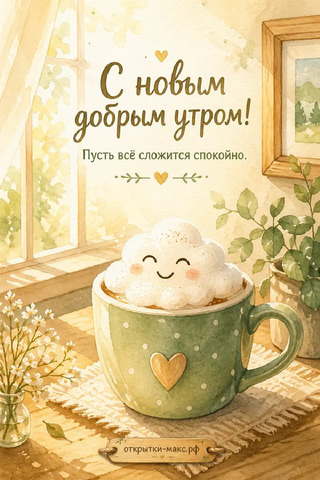 Открытка с чашкой чая, конвертом и веточкой эвкалипта, надпись «С новым добрым утром» — вариант 7