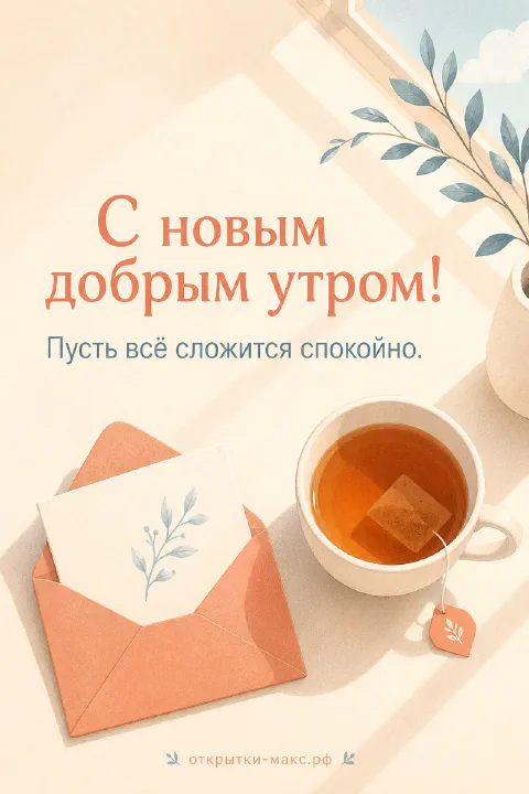 Открытка с чашкой чая, конвертом и веточкой эвкалипта, надпись «С новым добрым утром»