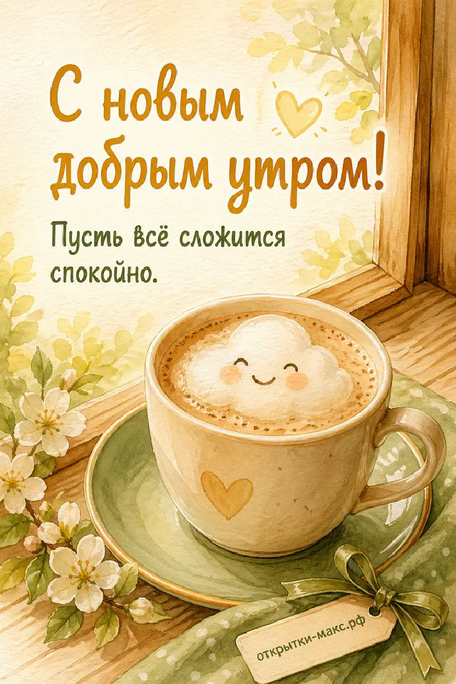 Открытка с чашкой чая, конвертом и веточкой эвкалипта, надпись «С новым добрым утром» — вариант 3