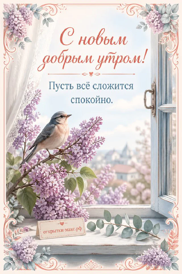 Открытка с чашкой чая, конвертом и веточкой эвкалипта, надпись «С новым добрым утром» — вариант 4