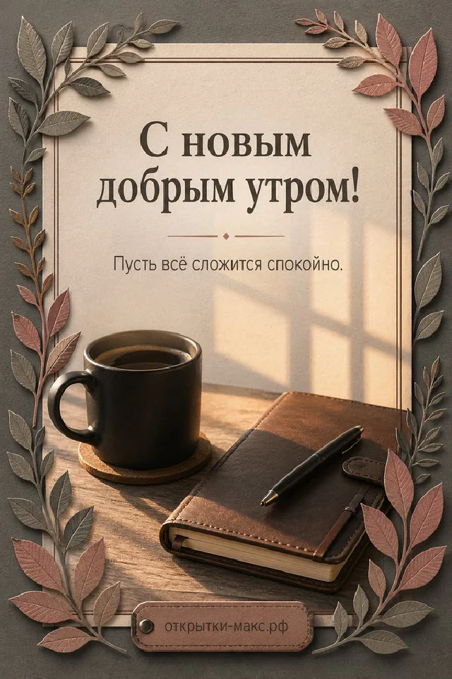 Открытка с чашкой чая, конвертом и веточкой эвкалипта, надпись «С новым добрым утром» — вариант 6