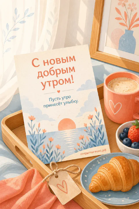 Открытка-коллаж с кружкой кофе, круассаном и ягодами на деревянном подносе с карточкой рассвета