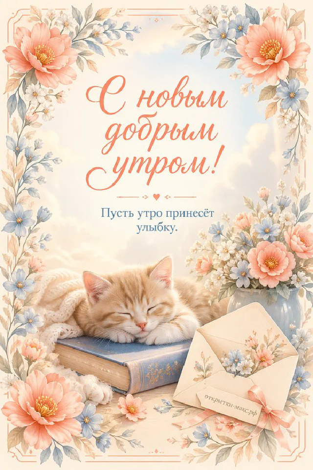 Открытка-коллаж с кружкой кофе, круассаном и ягодами на деревянном подносе с карточкой рассвета — вариант 2