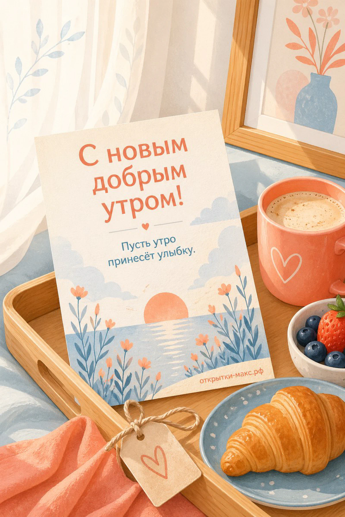 Открытка-коллаж с кружкой кофе, круассаном и ягодами на деревянном подносе с карточкой рассвета