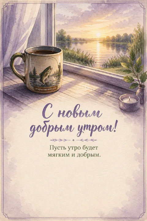 Акварельная открытка с кружкой кофе на подоконнике и видом на закат над рекой с камышами
