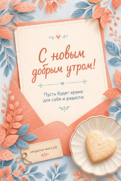 Открытка с коралловым конвертом, печеньем в форме сердца и осенними листьями на голубом фоне