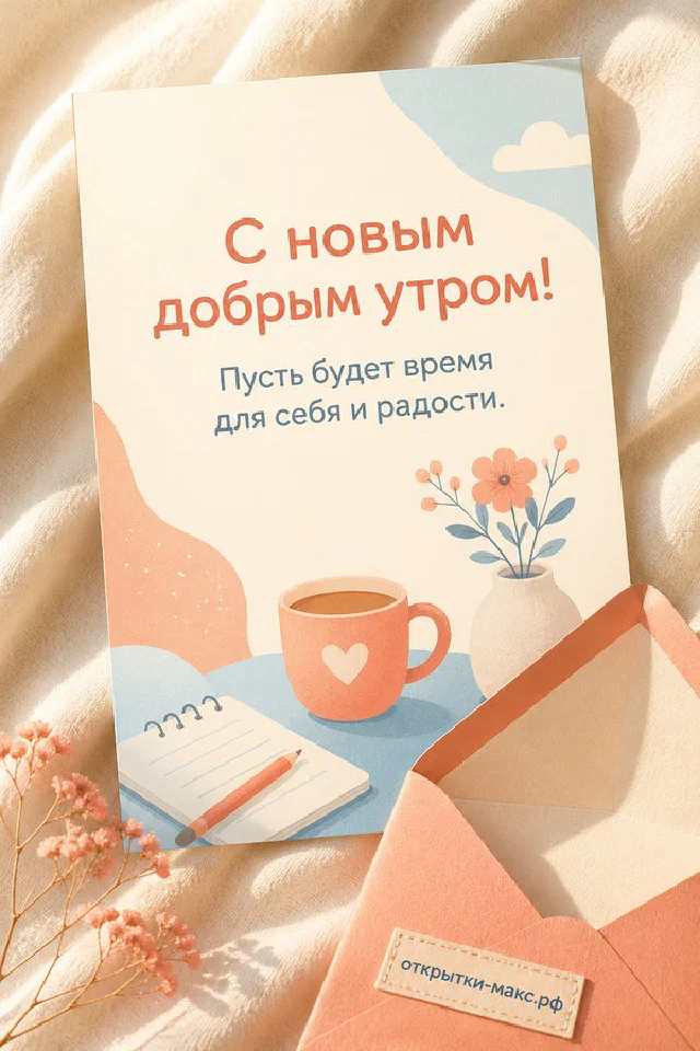 Открытка с коралловым конвертом, печеньем в форме сердца и осенними листьями на голубом фоне — вариант 2
