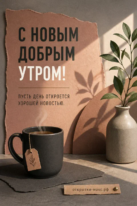 Минималистичная открытка с чёрной кружкой кофе и зелёным растением в вазе на фоне крафт-бумаги
