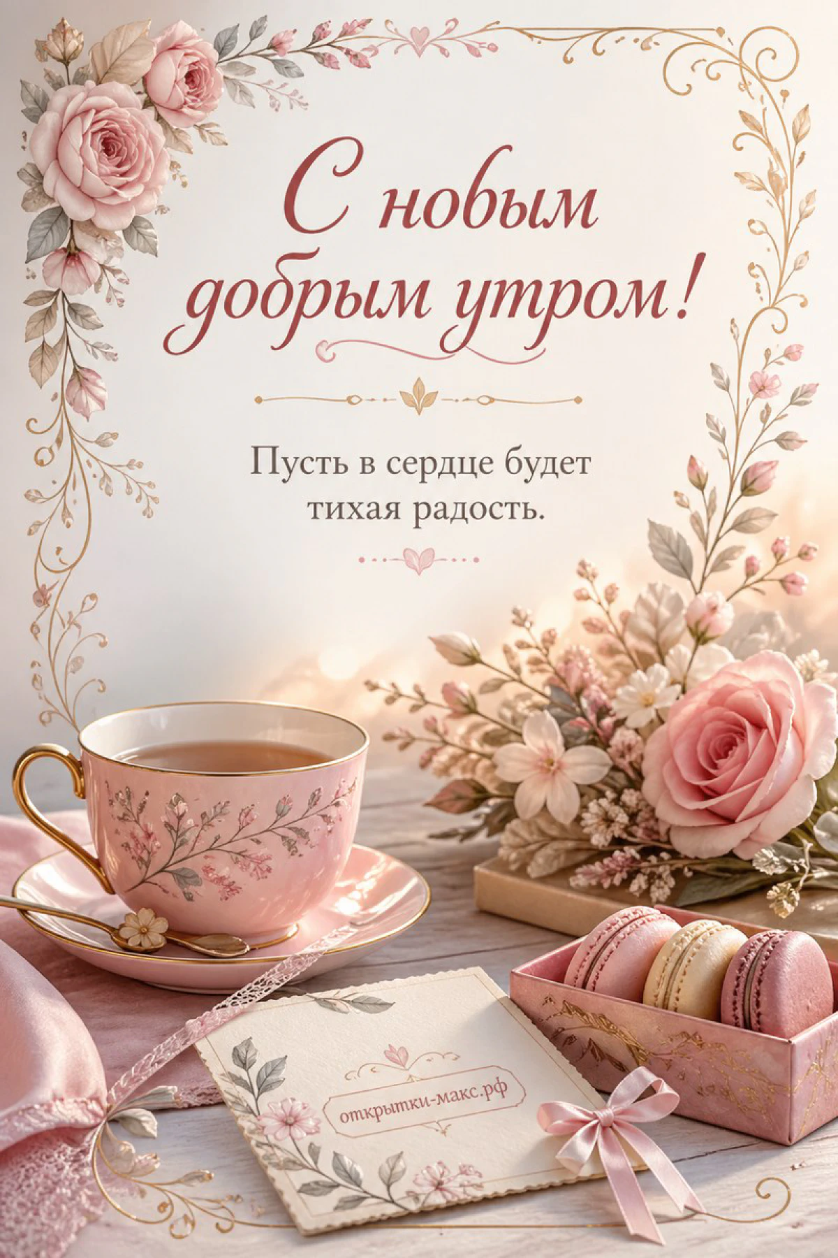 Открытка с розовой розой, фарфоровой чашкой чая и коробкой макарун в нежных розово-золотых тонах