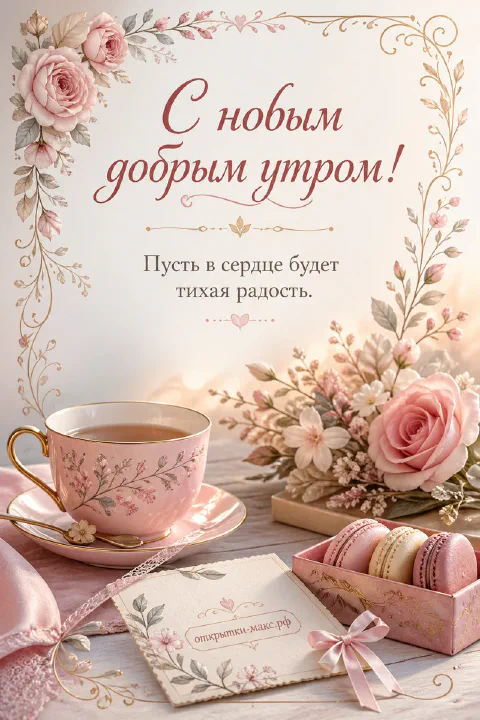 Открытка с розовой розой, фарфоровой чашкой чая и коробкой макарун в нежных розово-золотых тонах