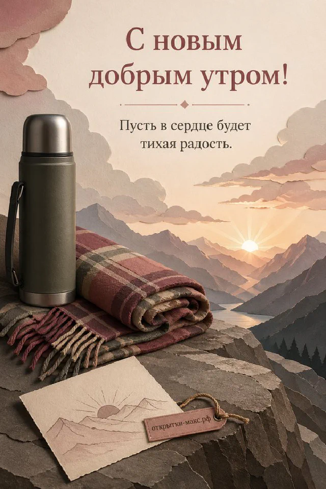Открытка с розовой розой, фарфоровой чашкой чая и коробкой макарун в нежных розово-золотых тонах — вариант 2