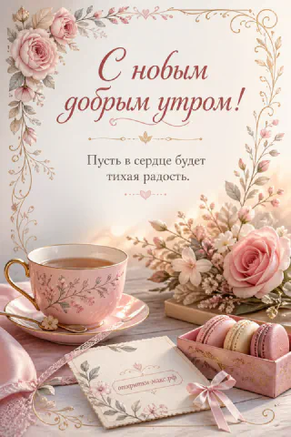 Открытка с розовой розой, фарфоровой чашкой чая и коробкой макарун в нежных розово-золотых тонах