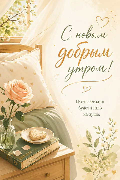 Открытка с персиковой розой в вазе на тумбочке у кровати с подушкой и книгами у окна с листьями