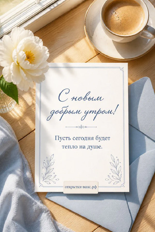 Открытка с персиковой розой в вазе на тумбочке у кровати с подушкой и книгами у окна с листьями — вариант 2