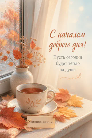 Чашка чая на подоконнике с кленовыми листьями и каплями дождя на окне, надпись «С началом доброго дня»