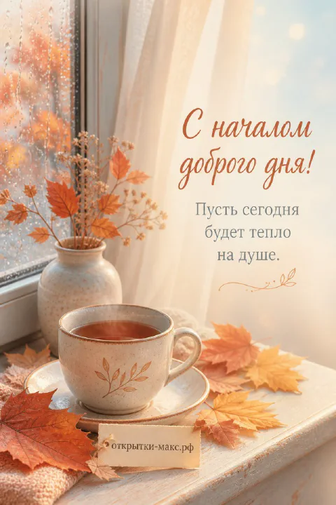 Чашка чая на подоконнике с кленовыми листьями и каплями дождя на окне, надпись «С началом доброго дня»