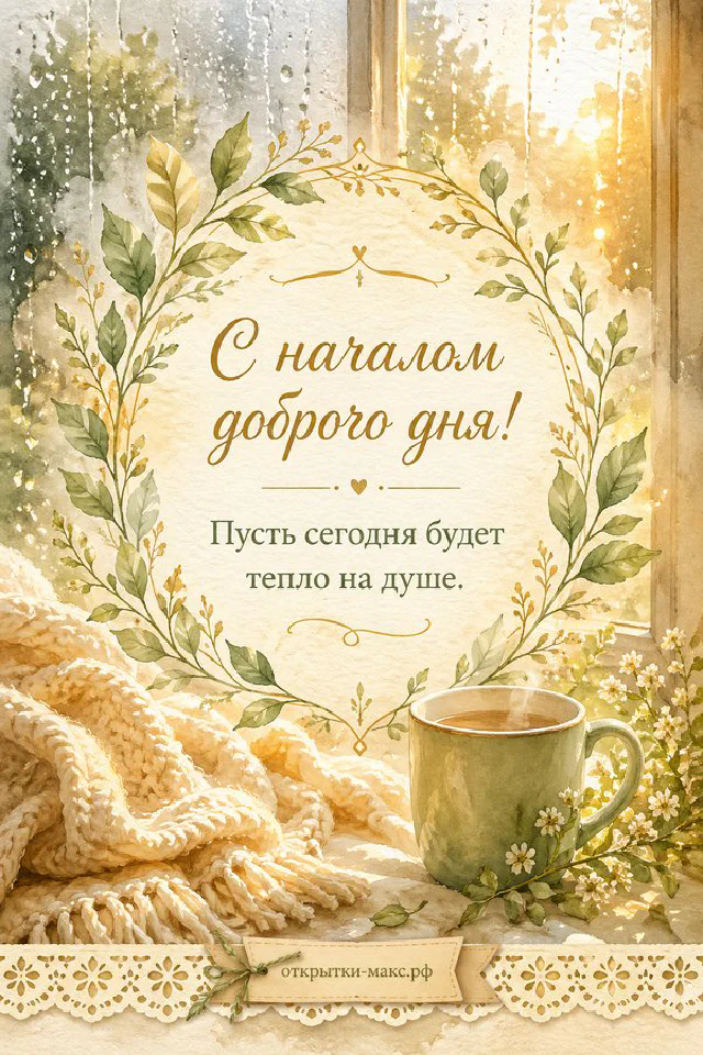 Чашка чая на подоконнике с кленовыми листьями и каплями дождя на окне, надпись «С началом доброго дня» — вариант 3