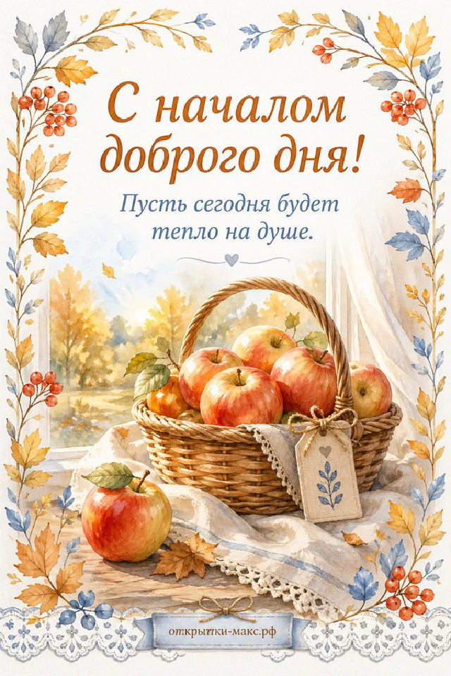 Чашка чая на подоконнике с кленовыми листьями и каплями дождя на окне, надпись «С началом доброго дня» — вариант 4