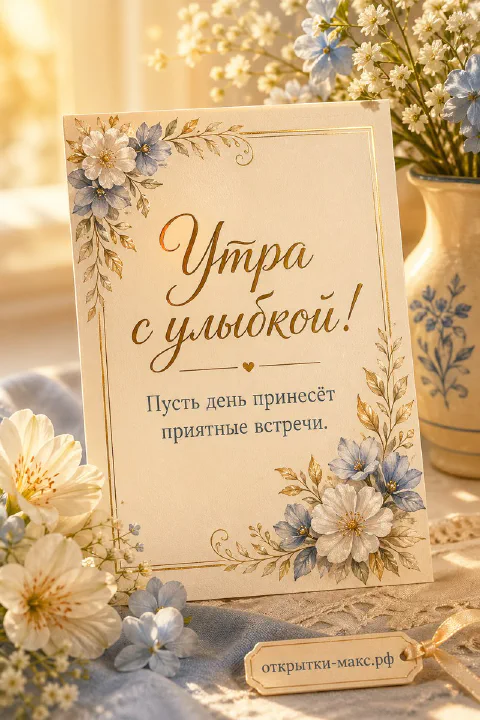 Открытка с голубыми цветами в золотой рамке на столе с вазой и цветами вокруг