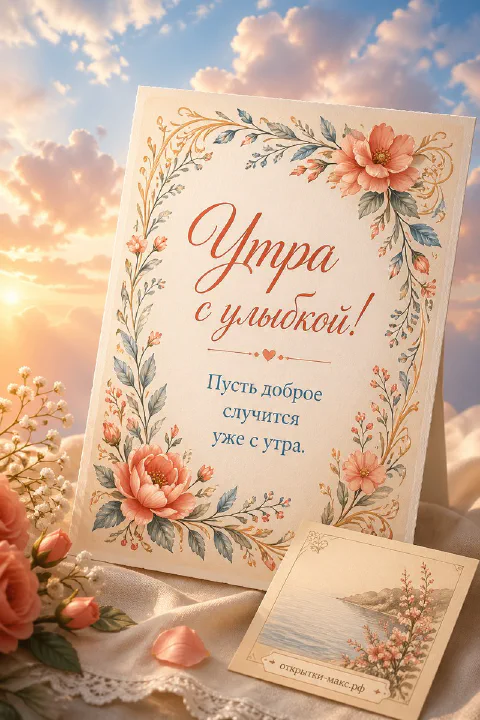 Открытка с розовыми цветами в ажурной рамке на фоне розово-голубого неба с облаками